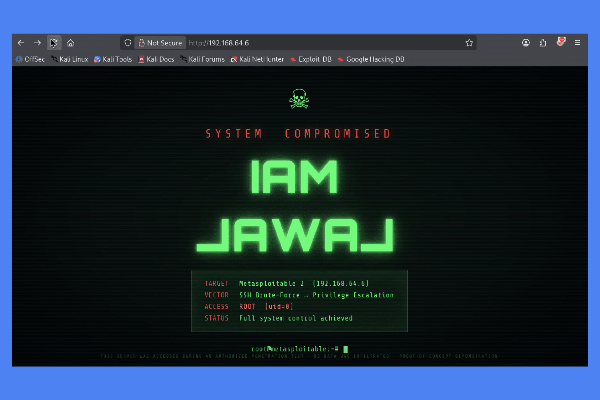 The target web server's homepage replaced with a neon green terminal-style page reading I AM LAWAL over a SYSTEM COMPROMISED banner.
