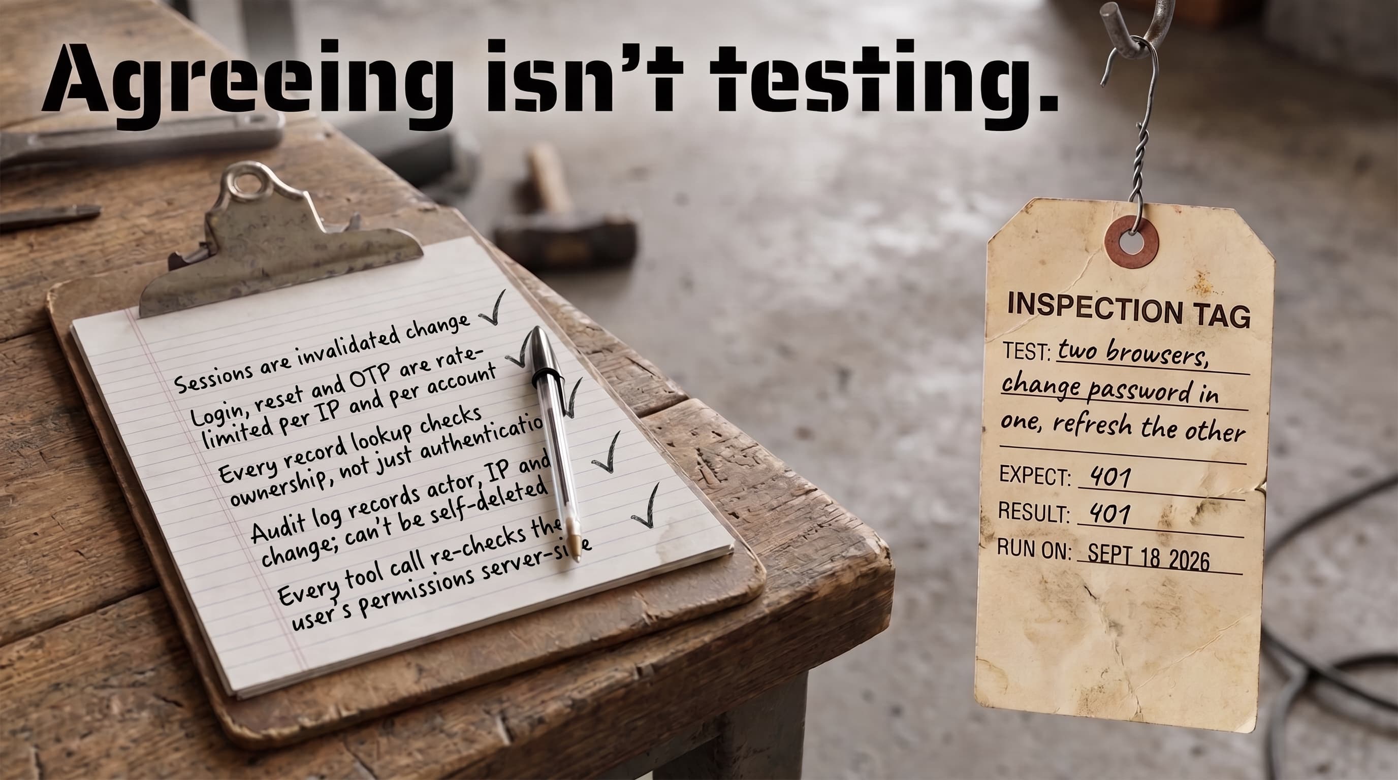 Two versions of the same checklist item. On the left, a clipboard line that has been ticked. On the right, an inspection tag for the same control, with a test written on it, a result of 401, and a date it was run.