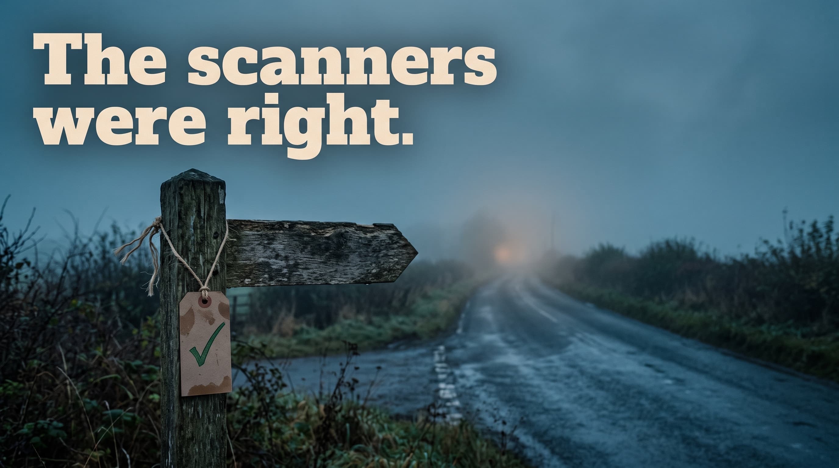 A weathered wooden signpost at dusk with a cardboard tag showing a green tick tied to it. Its blank arrow points down a wet country road that disappears into fog. Headline: The scanners were right.