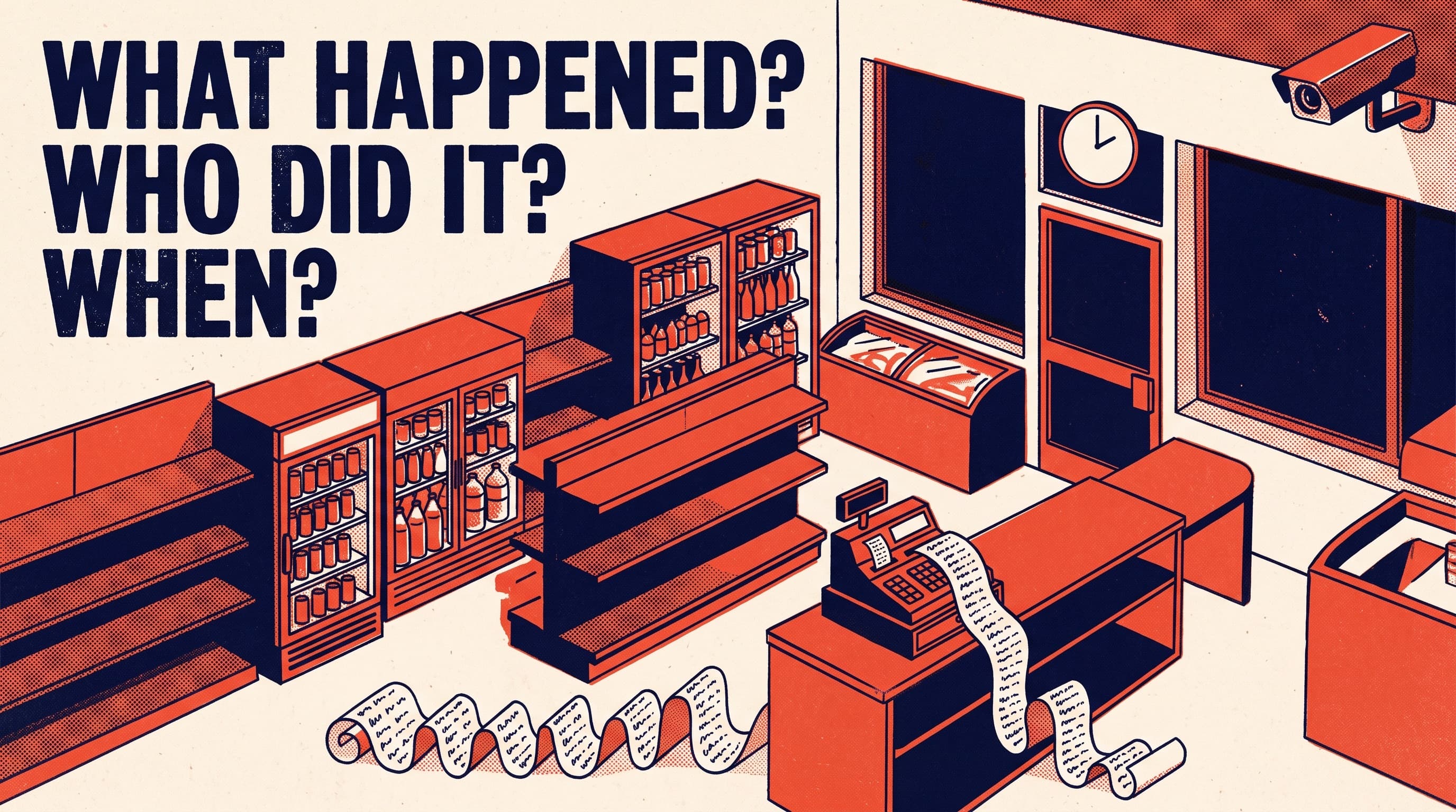 A two-colour risograph illustration of an empty corner shop at night, seen from a security camera mounted in the corner. A wall clock hangs above the door, and a very long receipt curls from the till across the floor. Headline: What happened? Who did it? When?