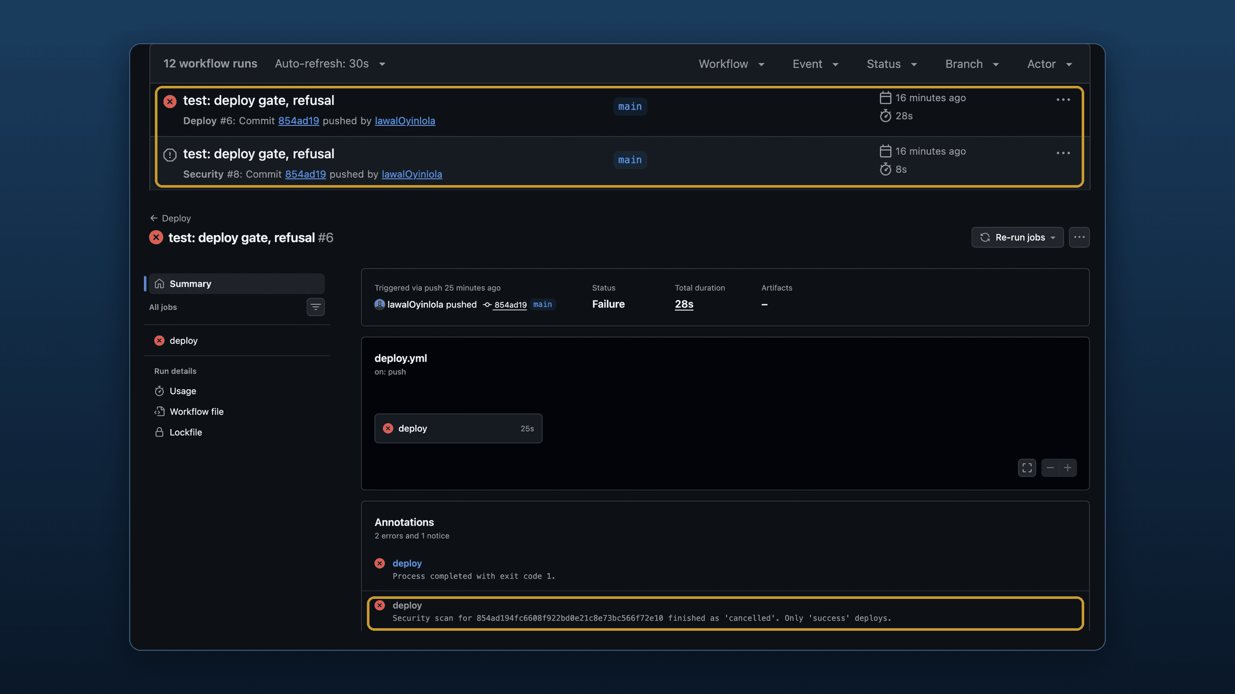 A GitHub Actions screenshot framed on a navy background, with two parts outlined in gold. At the top, two runs for the same commit: Deploy failed and Security cancelled. At the bottom, the failed deploy's annotation: Security scan for the commit finished as 'cancelled'. Only 'success' deploys.