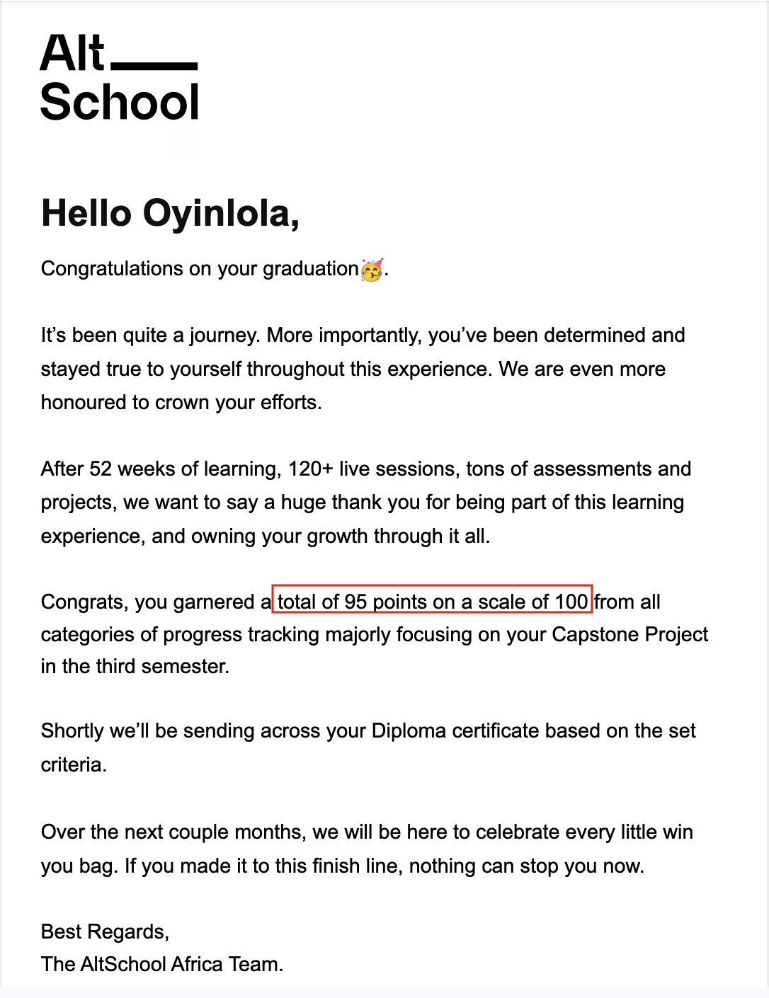 Graduation email from AltSchool Africa confirming a total of 95 points out of 100 across all categories of progress tracking