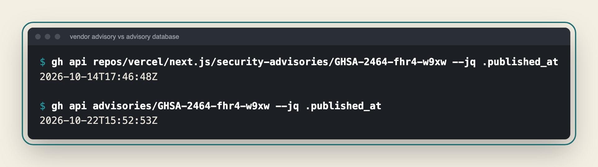 Terminal output of the two commands. The vendor advisory GHSA-2464-fhr4-w9xw in the Next.js repository was published at 2026-10-14T17:46:48Z. The same advisory in the GitHub Advisory Database was published at 2026-10-22T15:52:53Z.