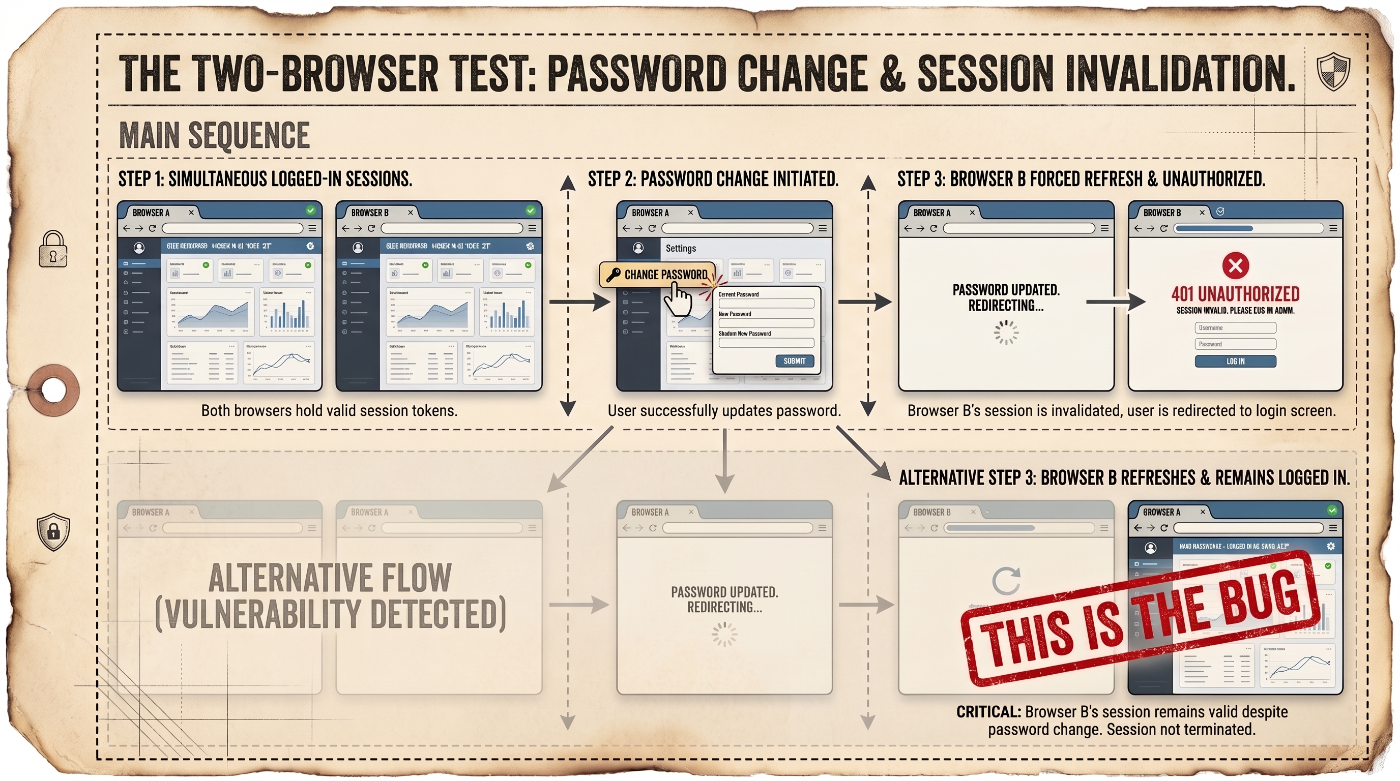 The two-browser test: log in on two browsers, change the password in one, and the other should get a 401 on its next request. If it stays logged in, that is the bug.