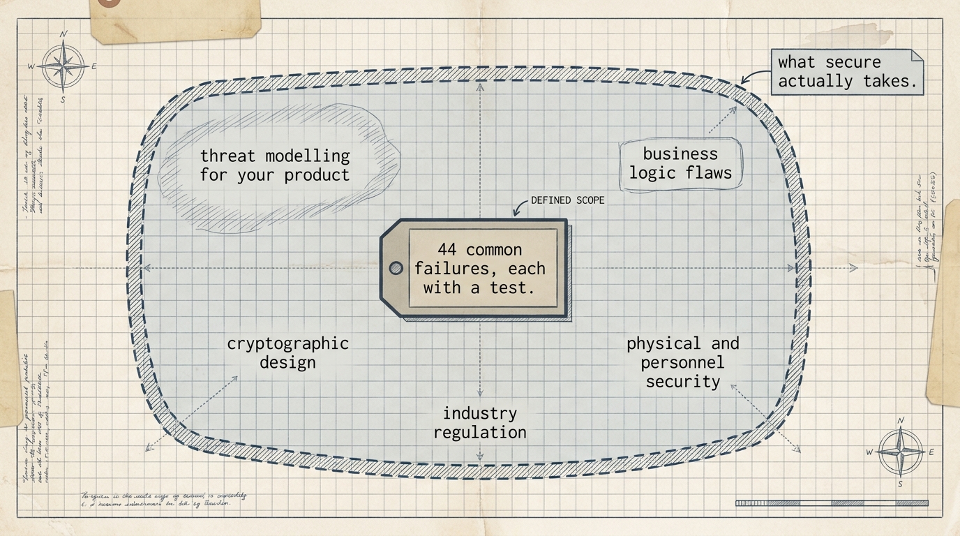 The 44 controls cover a small, specific area. Threat modelling, business logic, cryptographic design, physical and personnel security and industry regulation all sit outside it.
