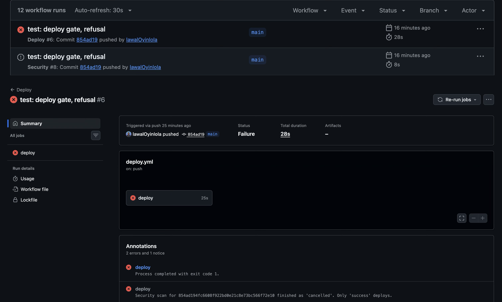 After the fix, the run list shows the Security run cancelled and the Deploy run failed for the same commit. Below it, the failed Deploy run's annotations read: Security scan for the commit finished as cancelled. Only success deploys.