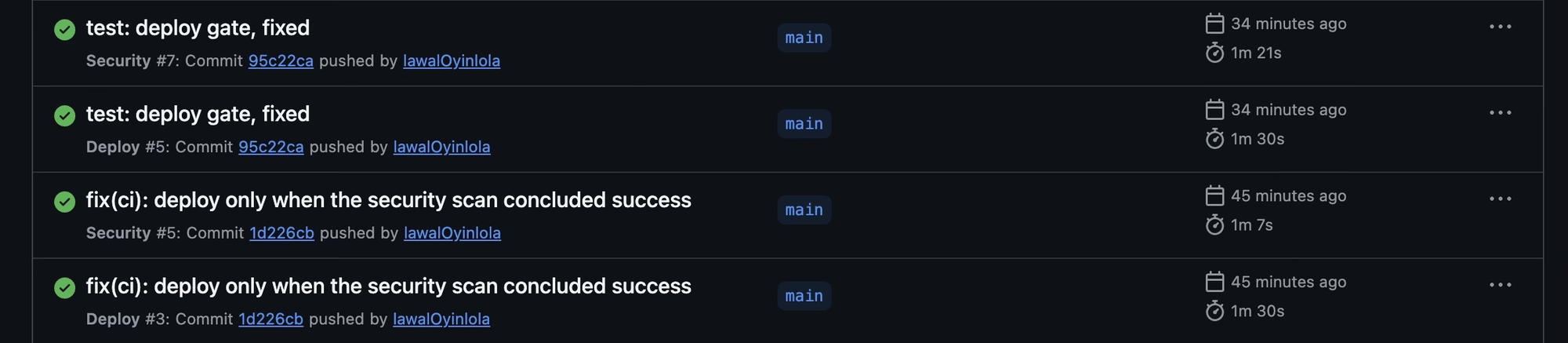 After the fix, a clean commit and the fix commit before it, each with a green Security run and a green Deploy run.