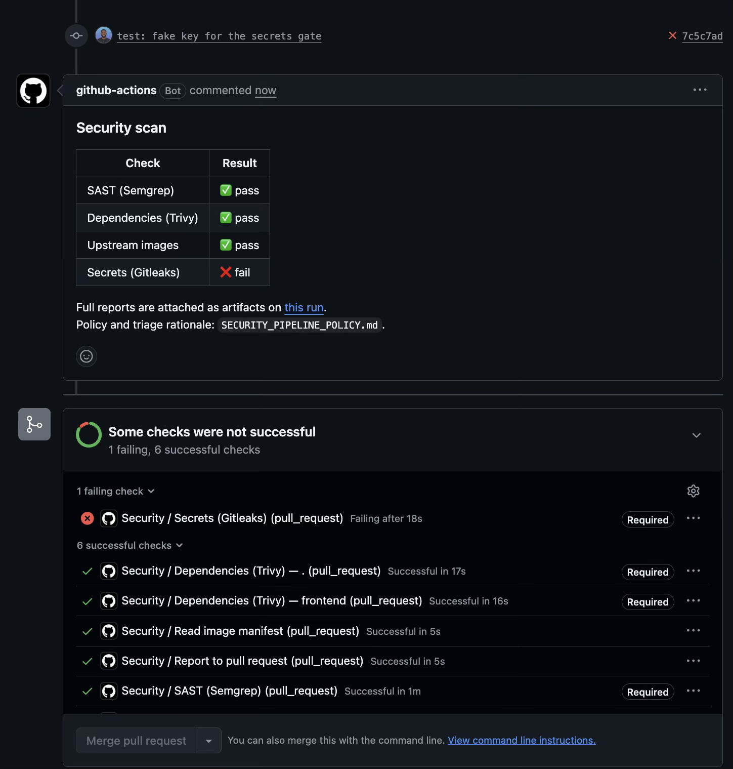 A pull request with the github-actions Security scan comment showing static analysis, dependencies and upstream images passing and Secrets (Gitleaks) failing. Below it, the merge box reads Some checks were not successful, lists the Secrets check as failing and required, and the Merge pull request button is greyed out.