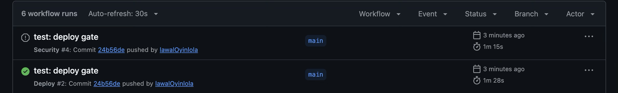 The Actions run list for one commit. The Security run is marked cancelled with a grey warning icon, and the Deploy run for the same commit is green.