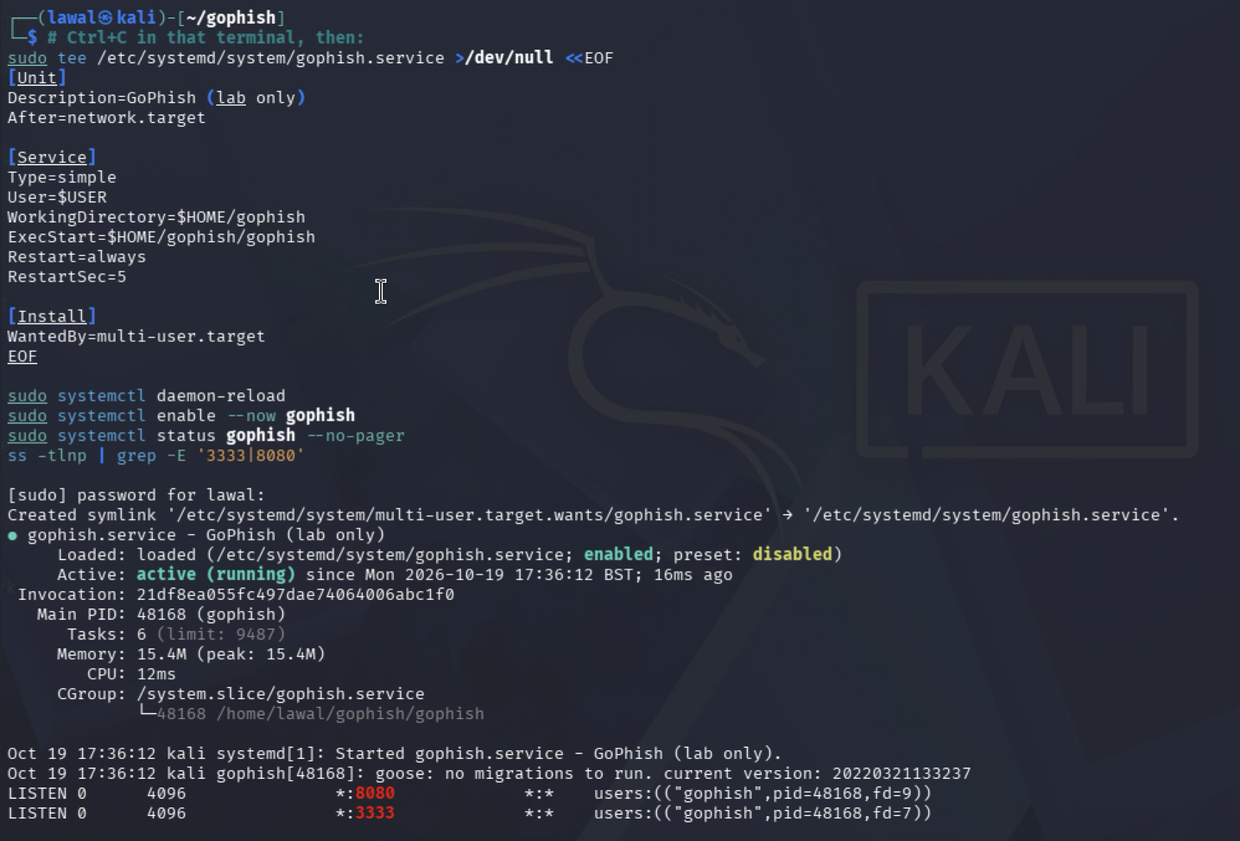 The gophish systemd unit written with User=$USER and $HOME paths, then systemctl status reading active (running), and ss output showing the gophish process listening on *:8080 and *:3333.