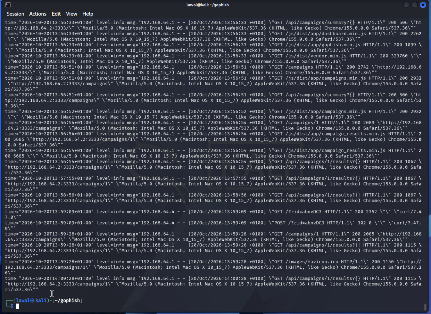 The gophish.log file in a terminal. Two access lines from the victim at 192.168.64.4 stand out: GET /?rid=abnvDC3 returning 200, and POST /?rid=abnvDC3 returning 302. Each sits inside a logrus msg="..." field with its inner quotes escaped as backslash-quote.