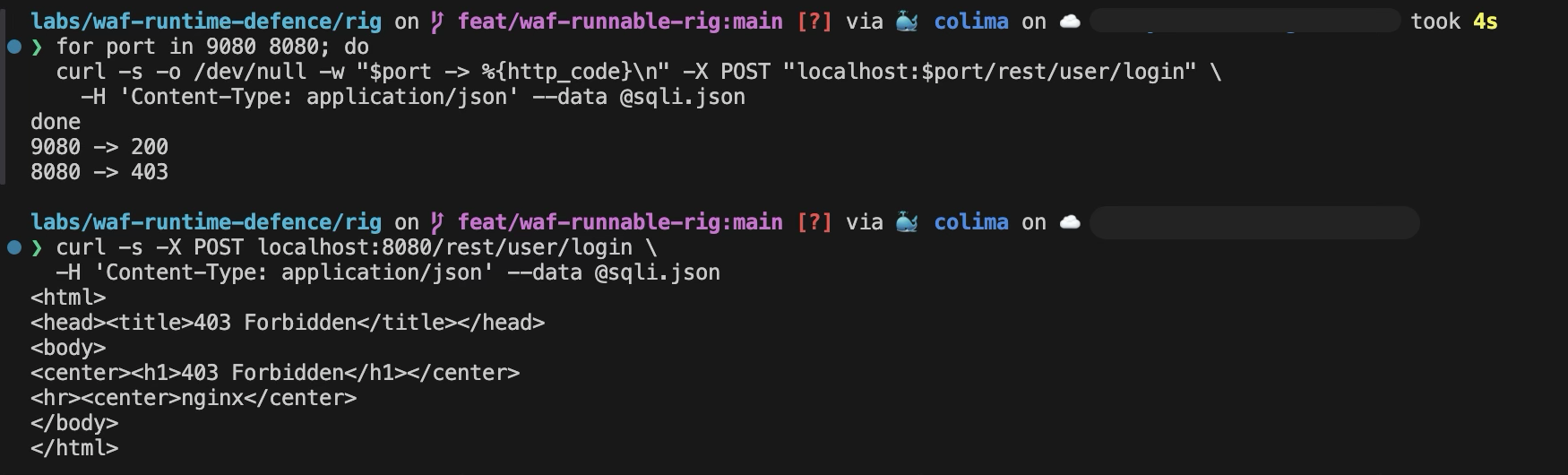 A terminal. The same login bypass sent to both ports prints 9080 to 200 and 8080 to 403. Sending it to port 8080 again prints NGINX's bare 403 Forbidden page.