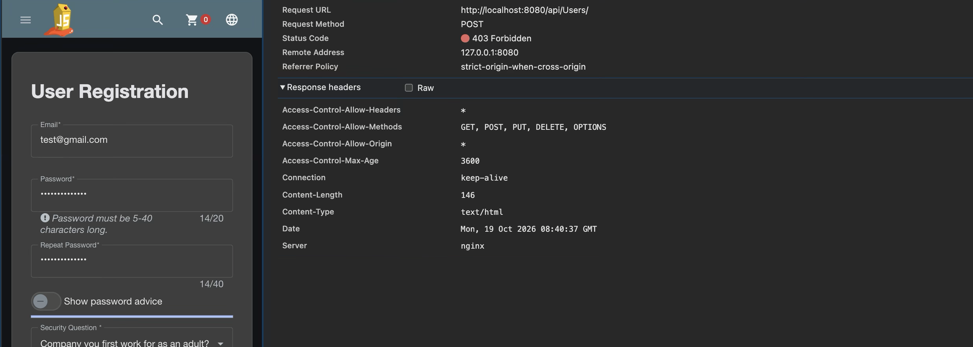 The shop's registration form filled in with a strong password, next to the browser's Network tab. The POST to localhost:8080/api/Users/ returned 403 Forbidden from nginx, with a text/html body.